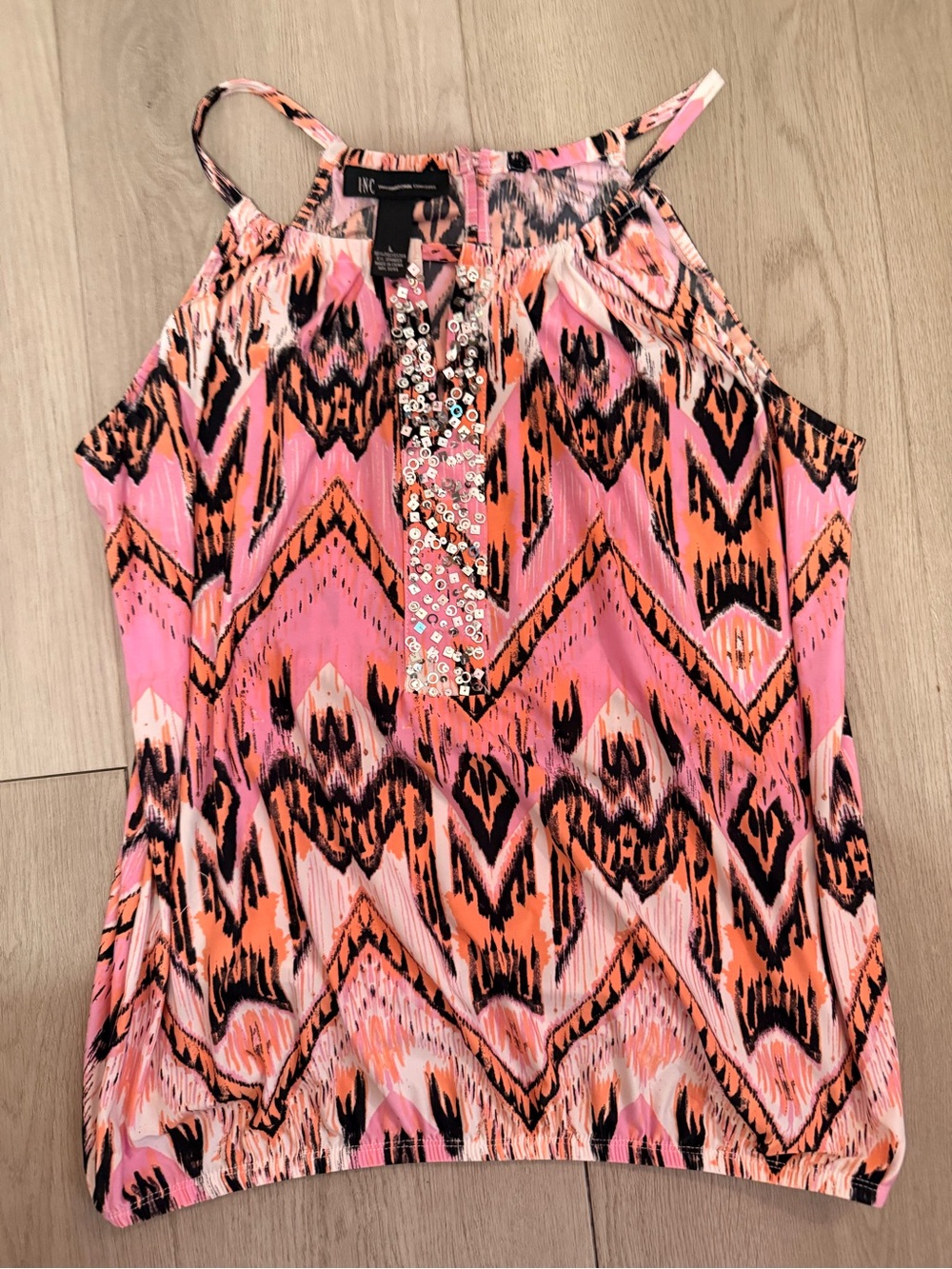 INC International Concepts Pink Coral Patterned Halter Top with Sequin Placket